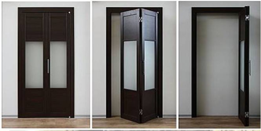 Шпонированные двери гармошка с матовыми стеклянными вставками Смоленск
